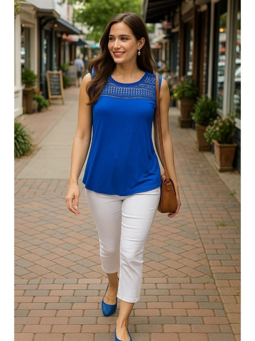 89th Madison Small Blue Sleeveless Lace Yoke Tank Top Bright Layering Chic